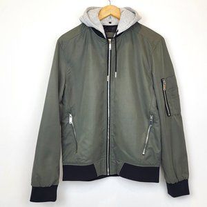River Island Green Bomber Jacket with Detachable Hood, Size Medium, GUC